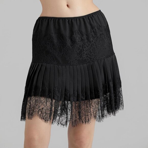 Women's Black Lace Ruffle Mini Pleated Sexy Mid Waist Layered Flowy Slip Skirt - Picture 3 of 7